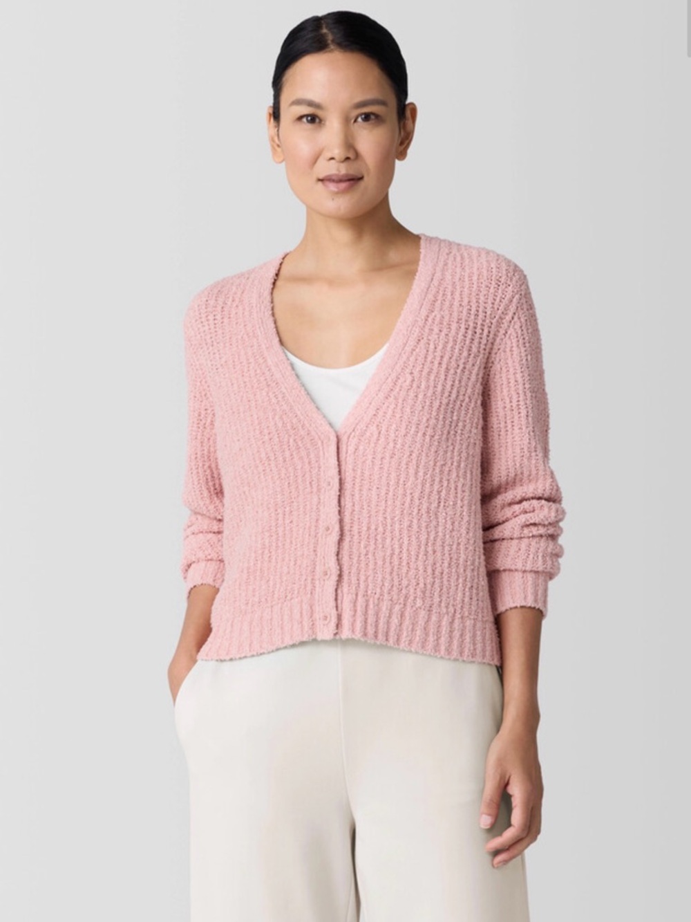 Eileen Fisher Cotton Fluff V-Neck Button Front Women's Sweater Cardigan - Pink